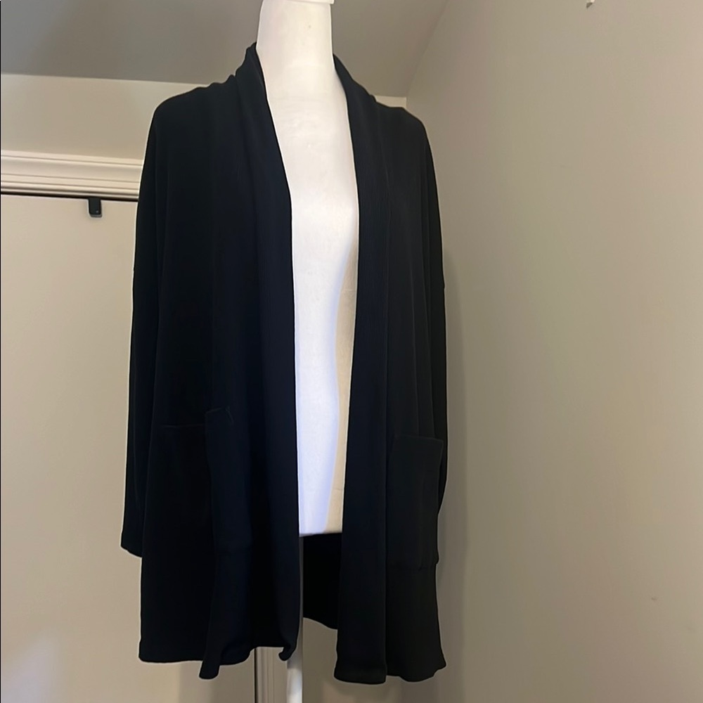Eileen Fisher Black Organic Cotton Waffle Knit Open Front Cardigan L/XL